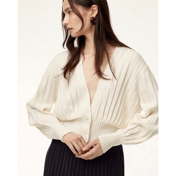 [Aritzia] Wilfred Thais Plunge Front Wool Cotton Crop Cardigan Oak - Picture 2 of 10